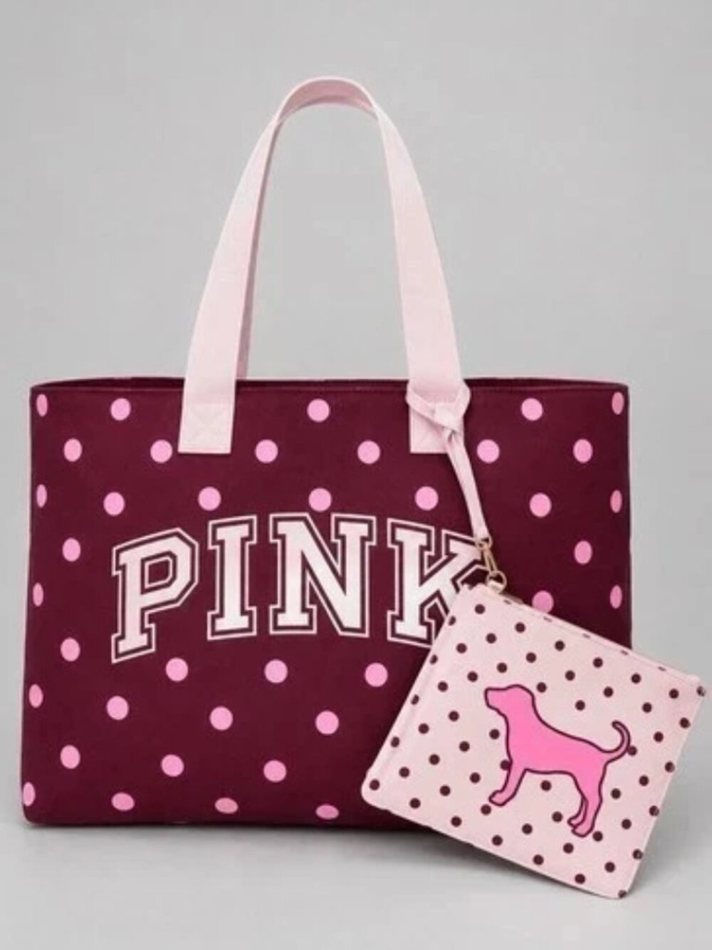 Victoria's Secret PINK Canvas Tote Bag & Wristlet Pouch Set Polka Dot Dog NEW